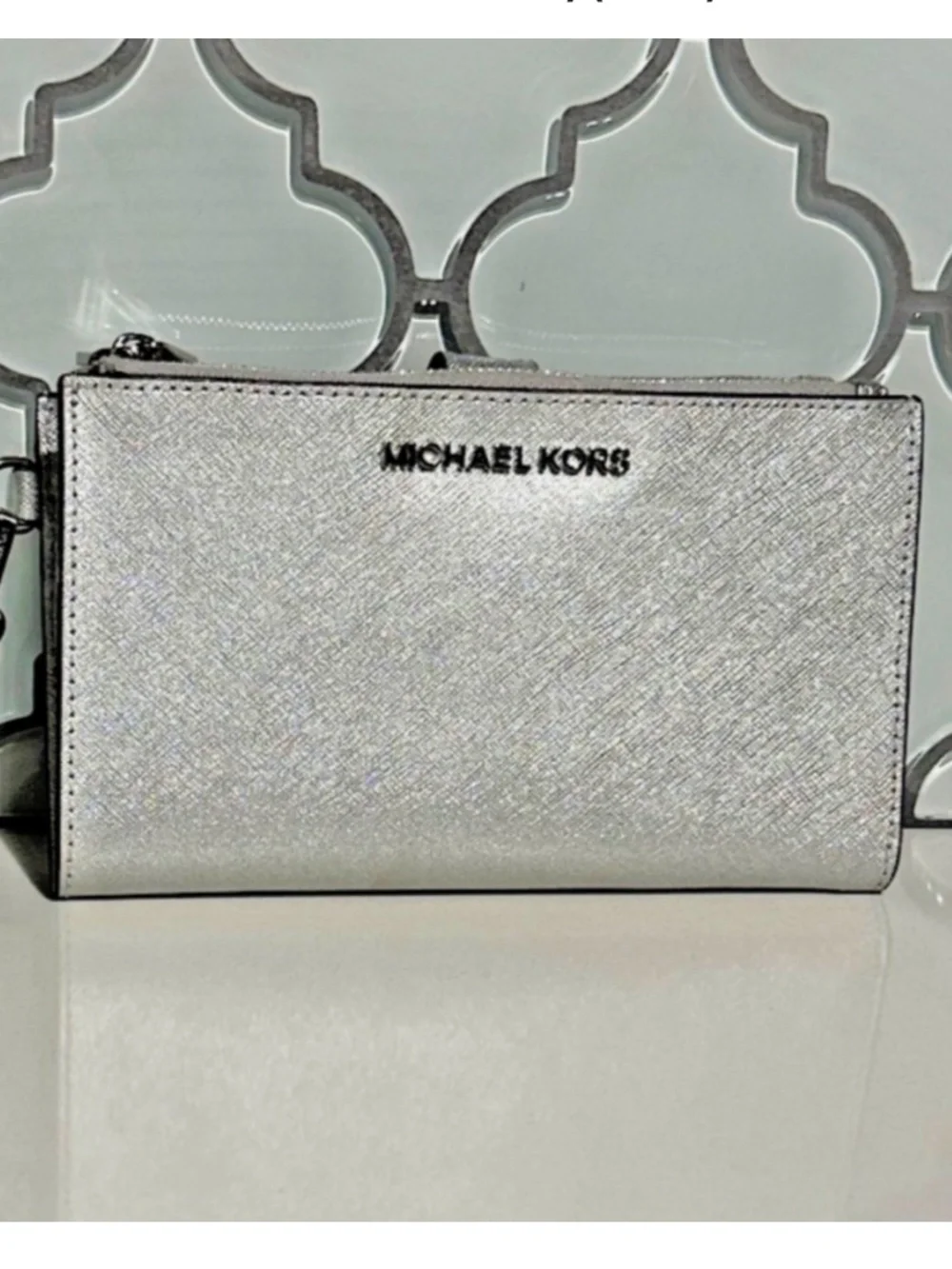 Michael Kors Jet Set Travel Double Zipper Leather Wristlet Wallet Clutch SILVER - Picture 9 of 13